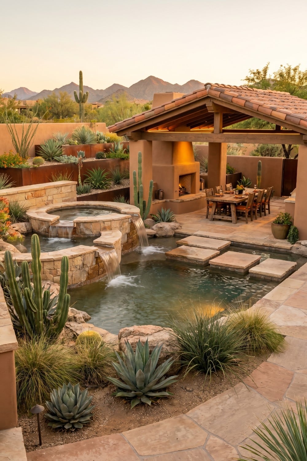 AZ Backyard with Floating Stone Steps and Waterfalls