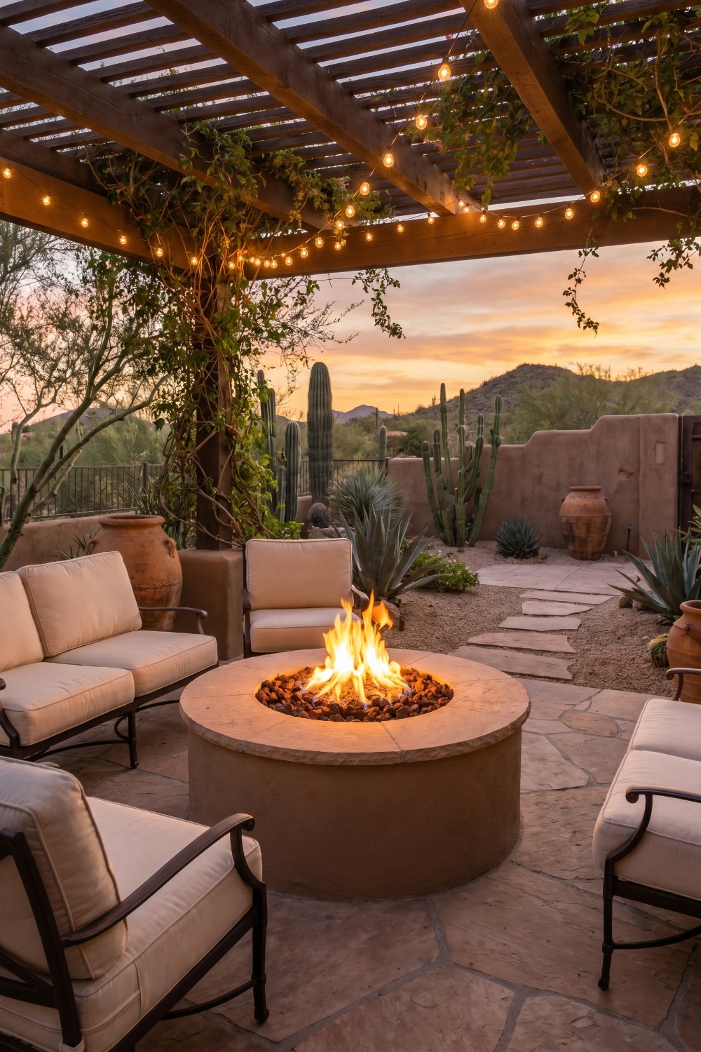 AZ Backyard with String Lights and Agave Plants