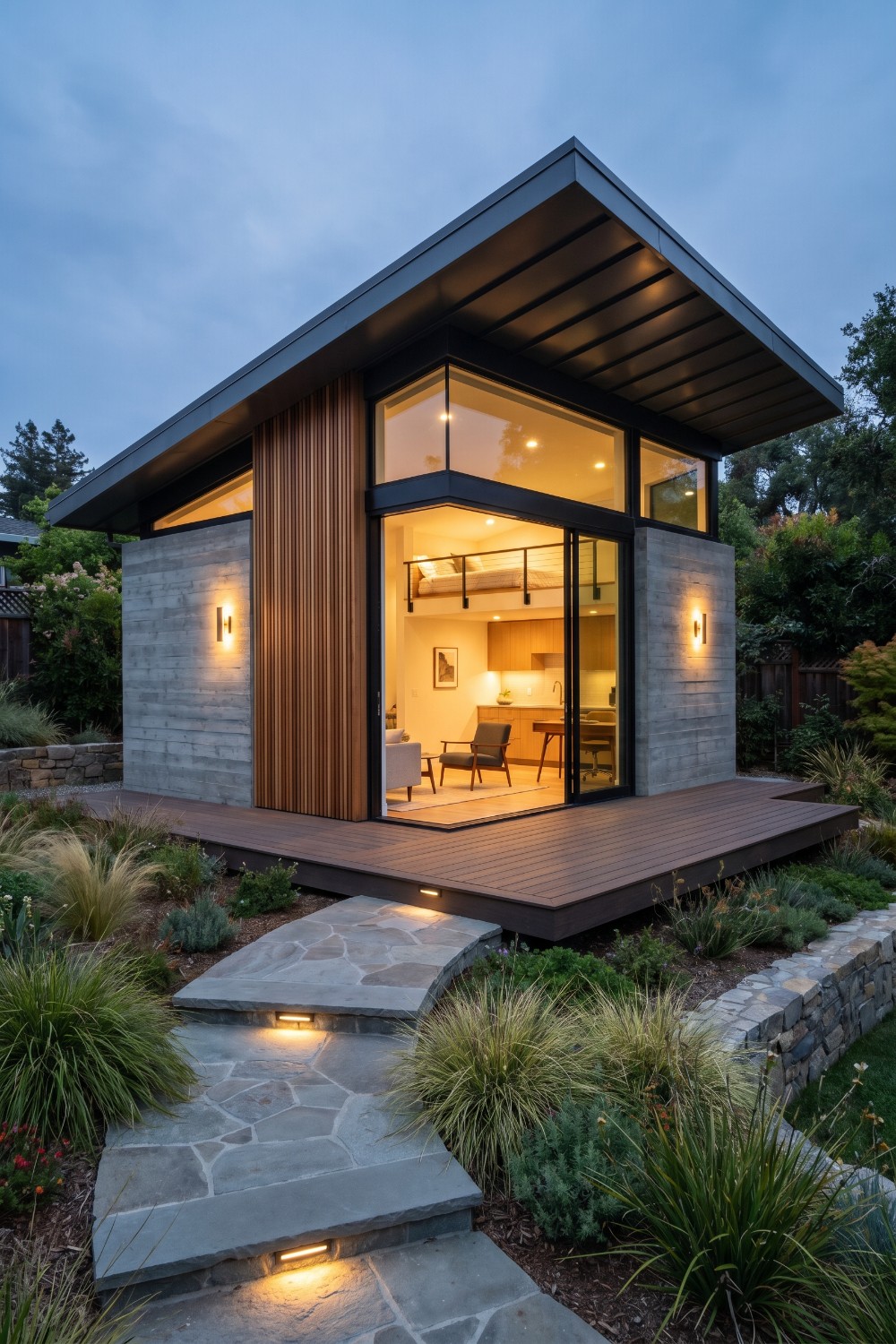 Concrete Backyard Guest House with Shed Roof