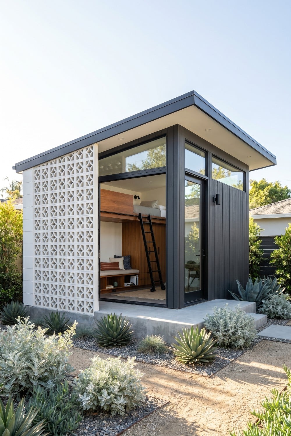 Backyard tiny guest house with white breeze blocks