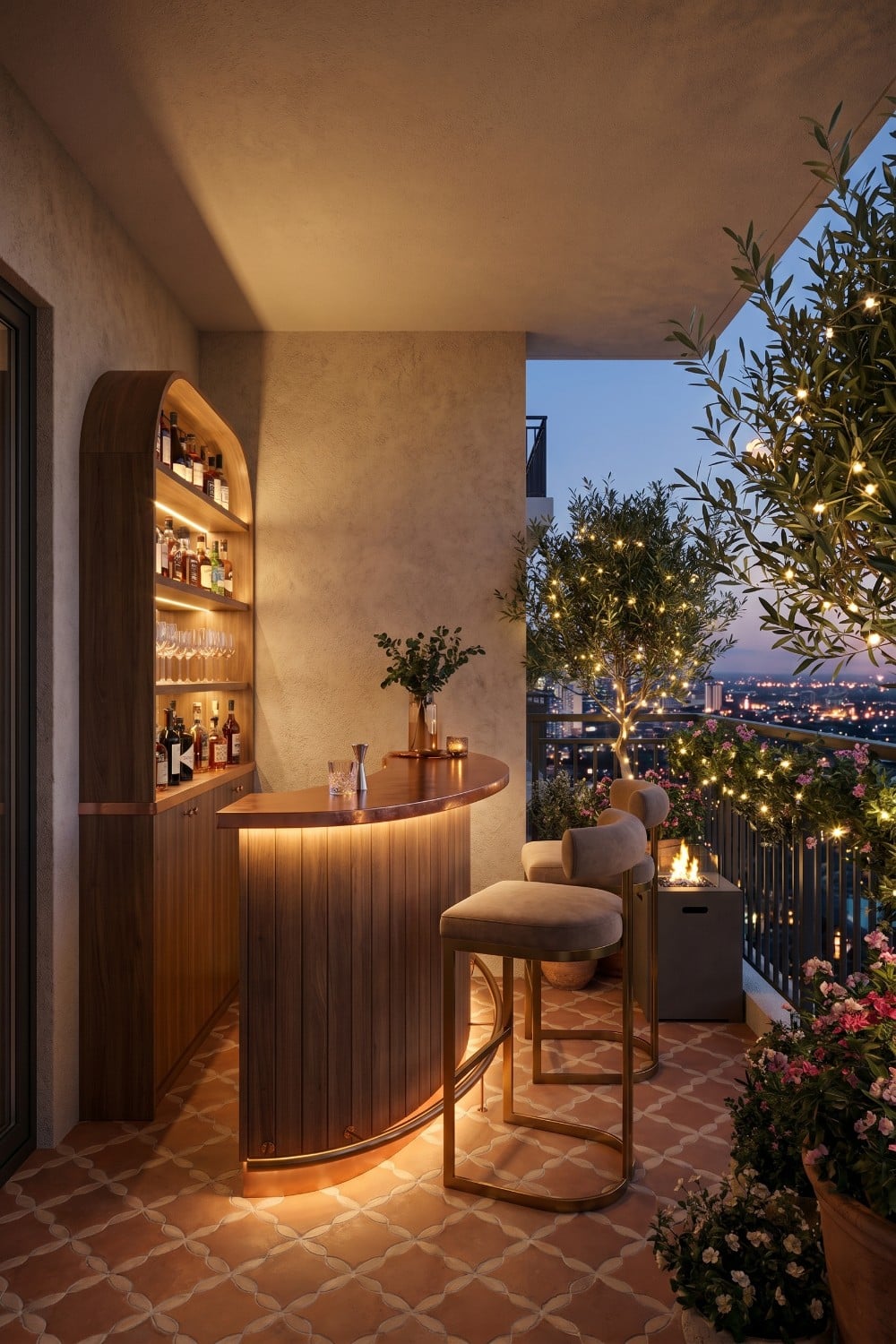 Curved Balcony Bar with Warm Copper Accents