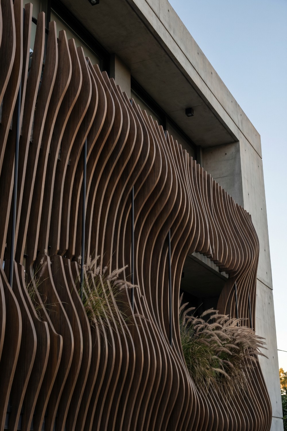 Sculptural wavy balcony fence and ornamental grasses