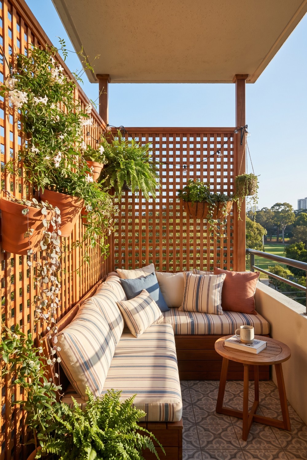 Wooden lattice balcony fence and hanging terracotta pots