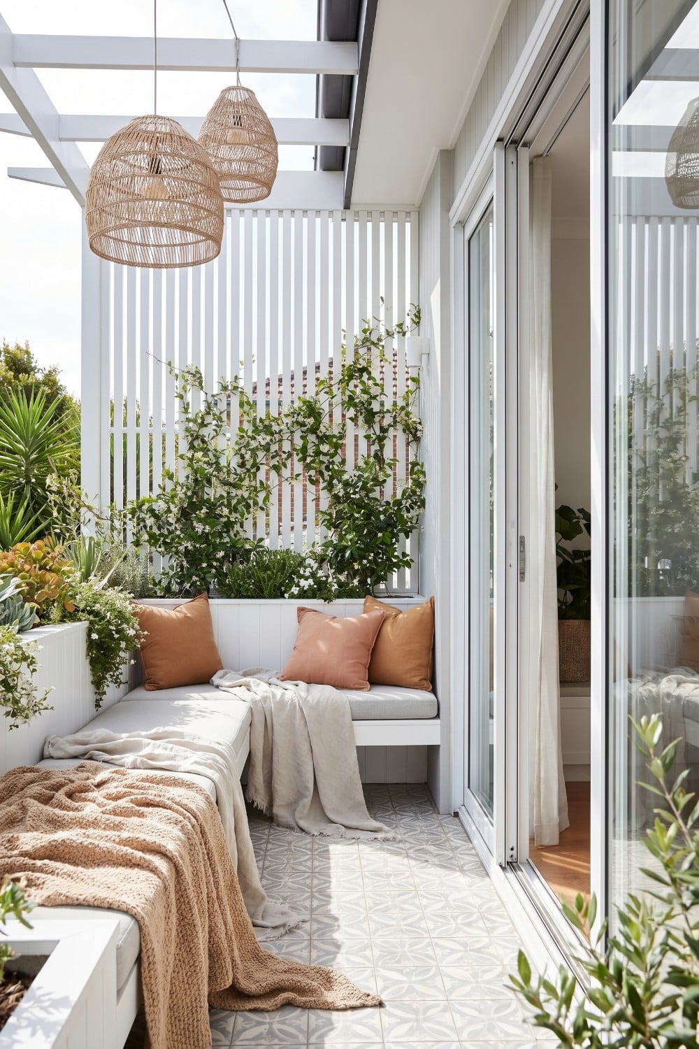 White vertical slat balcony fence and climbing jasmine