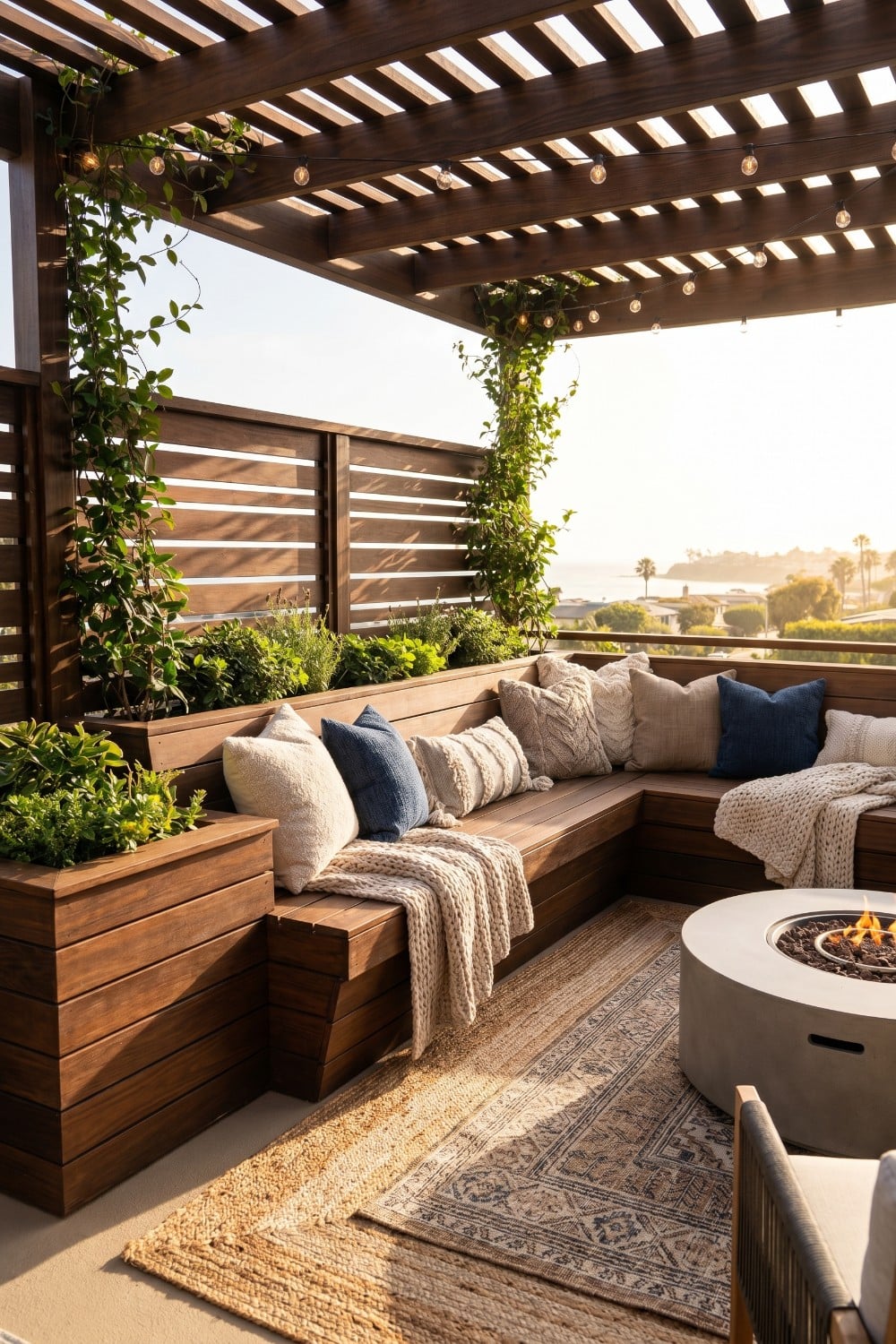 Horizontal slat balcony fence and built-in wooden bench