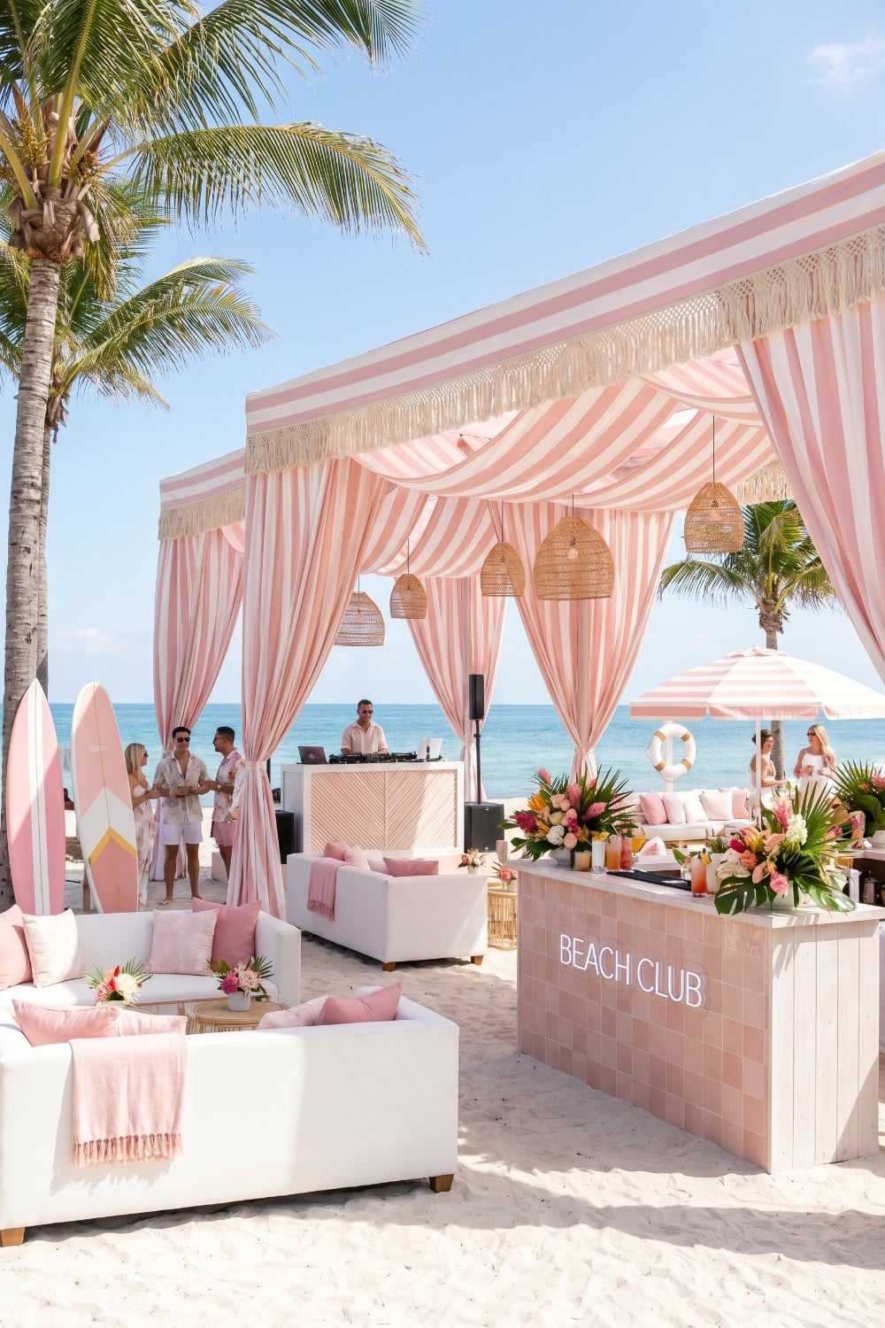 Pink Striped Tents at a Beach Club Party