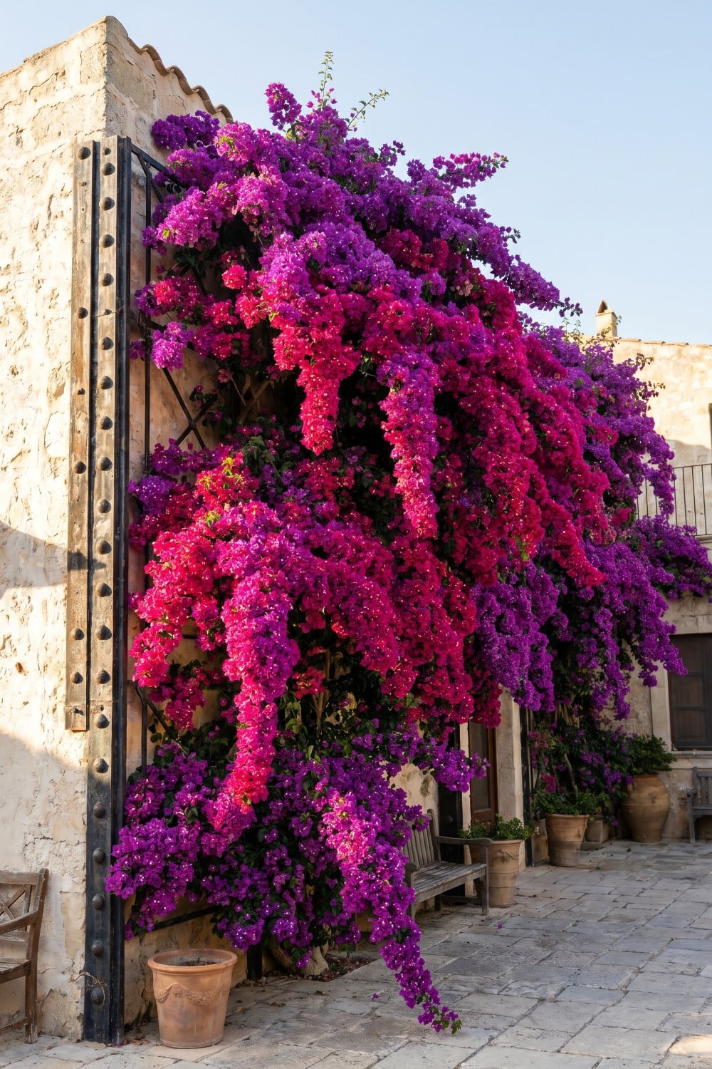 Cascading Bougainvillea Trellis Wall with Heavy Riveted Beams