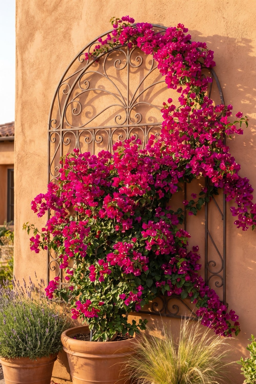 Ornate Scrollwork Bougainvillea Trellis Wall on Warm Stucco
