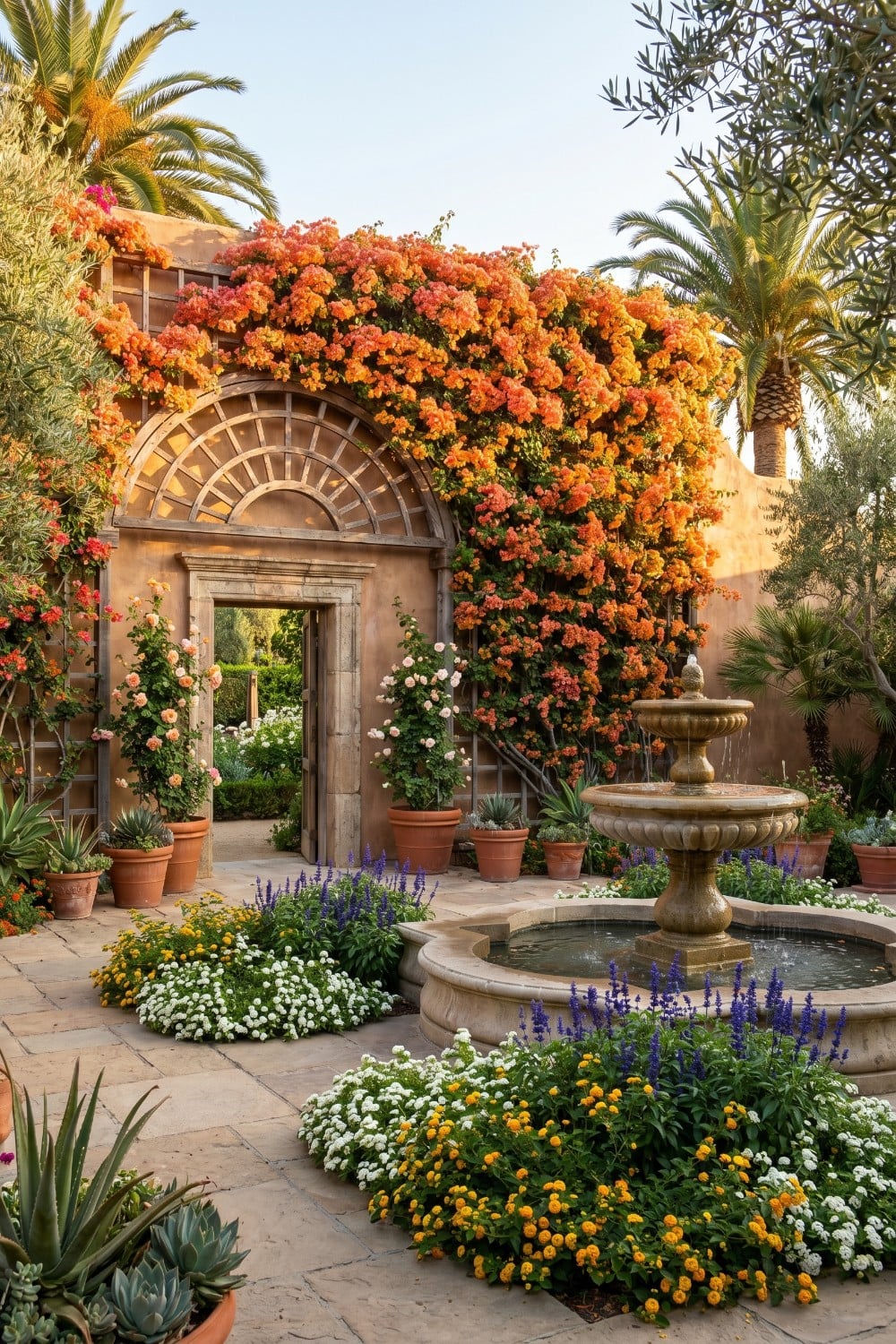 Orange Bougainvillea Trellis Wall and Tiered Stone Fountain