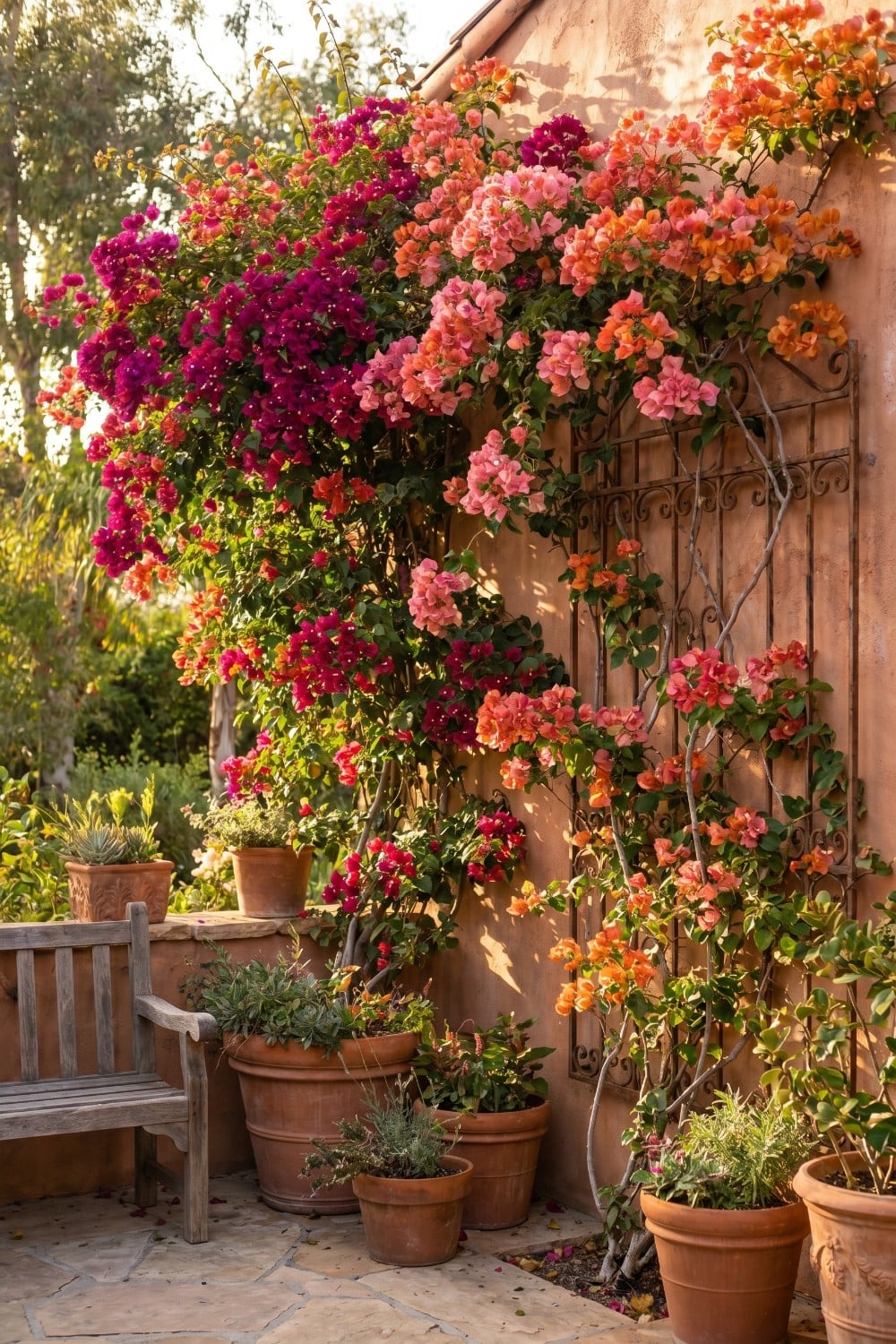 Multicolor Bougainvillea Trellis Wall and Weathered Bench