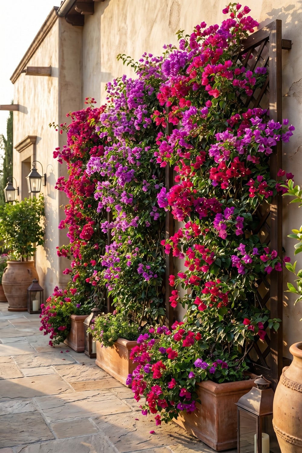 Dark Wood Lattice Bougainvillea Trellis Wall and Lanterns