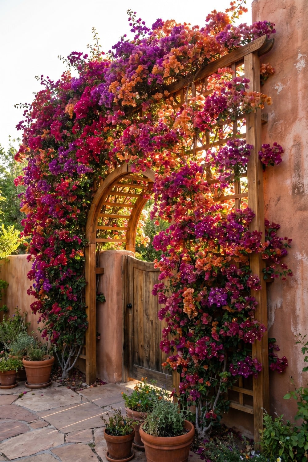 Bougainvillea Trellis Wall Over a Rustic Garden Gate