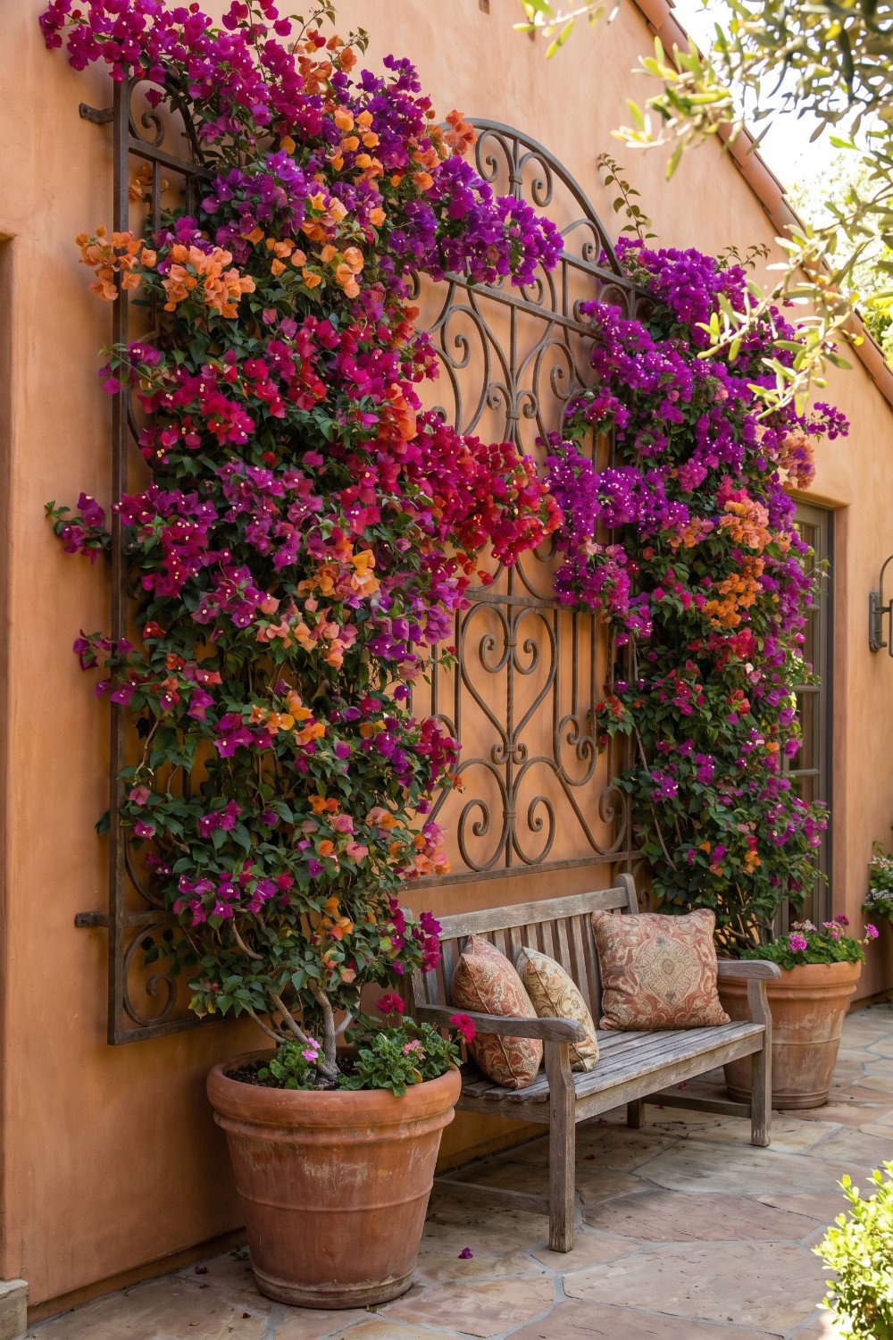 Mediterranean Bougainvillea Trellis Wall and Patterned Pillows