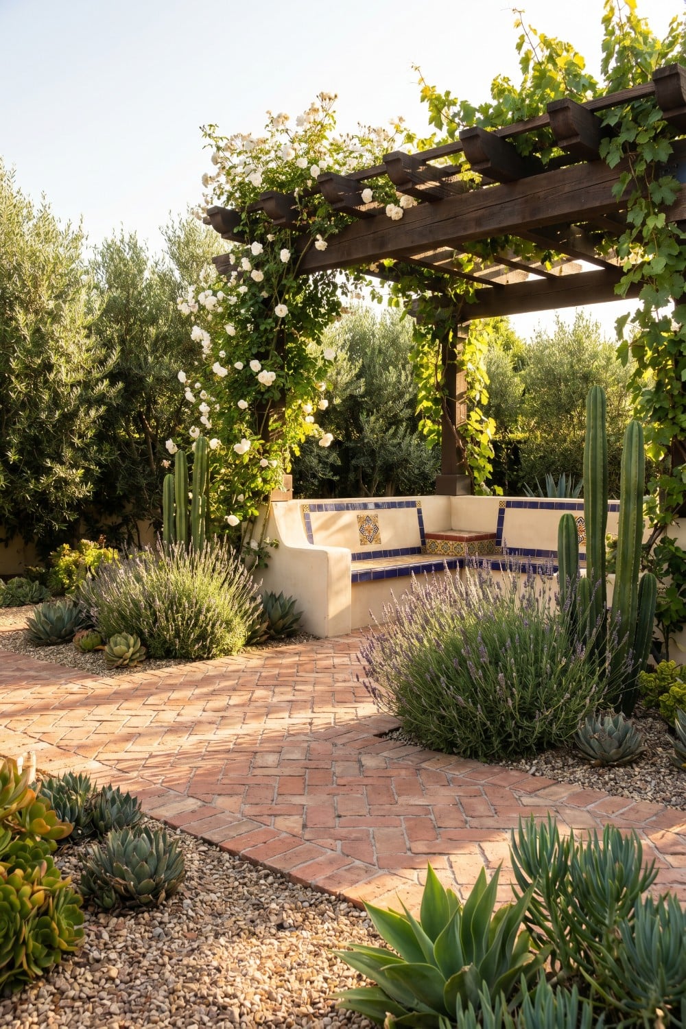 Spanish Style Landscaping with Wooden Pergola and Roses