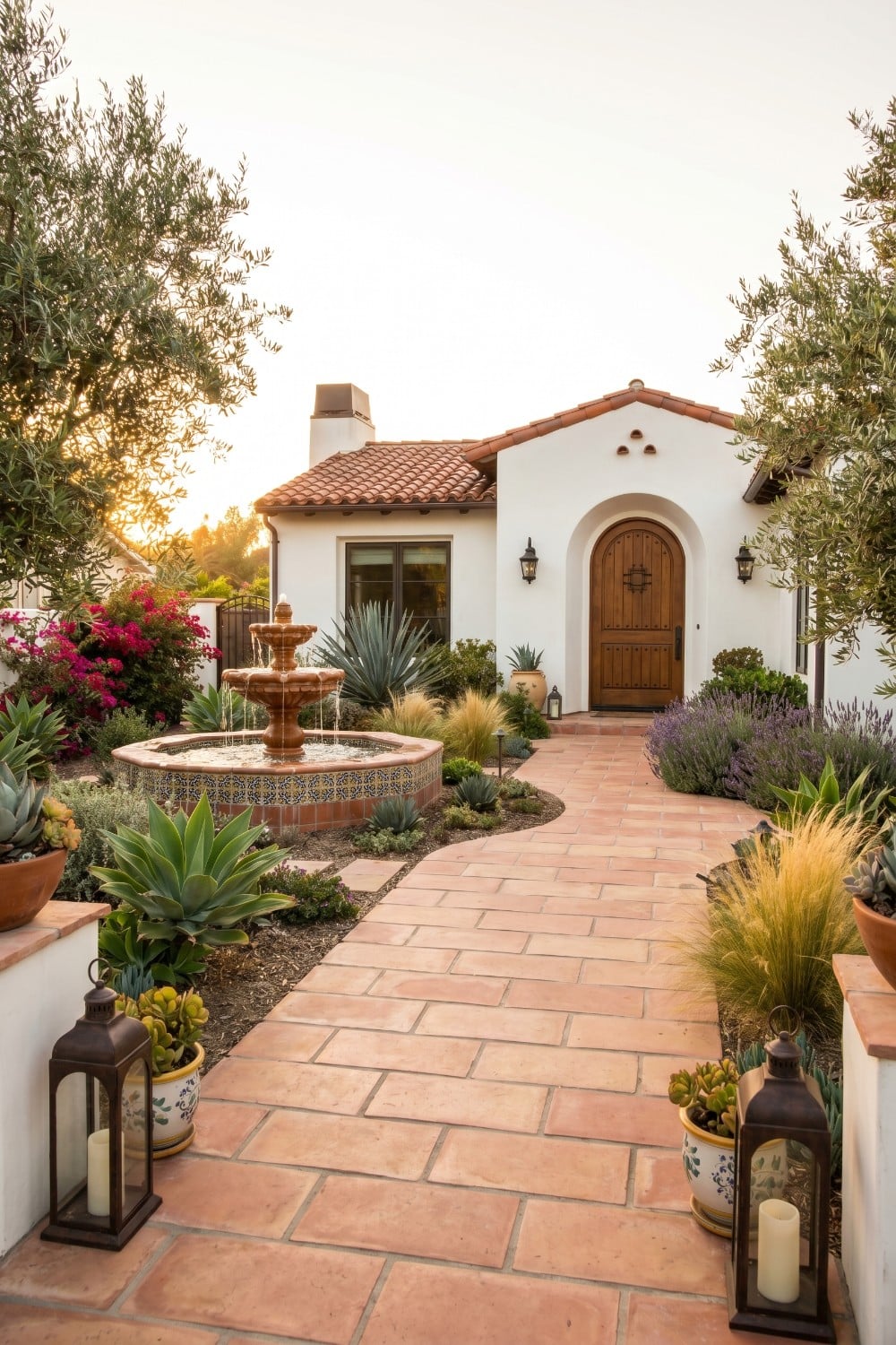 Spanish Style Front Yard Landscaping with Terracotta Walkway