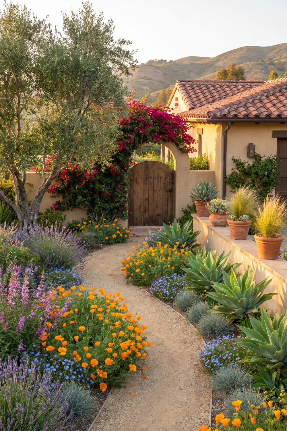 Spanish Style Front Yard Landscaping with Bougainvillea Arch