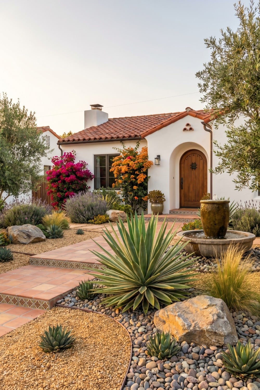 Spanish Style Front Yard Landscaping with River Rocks