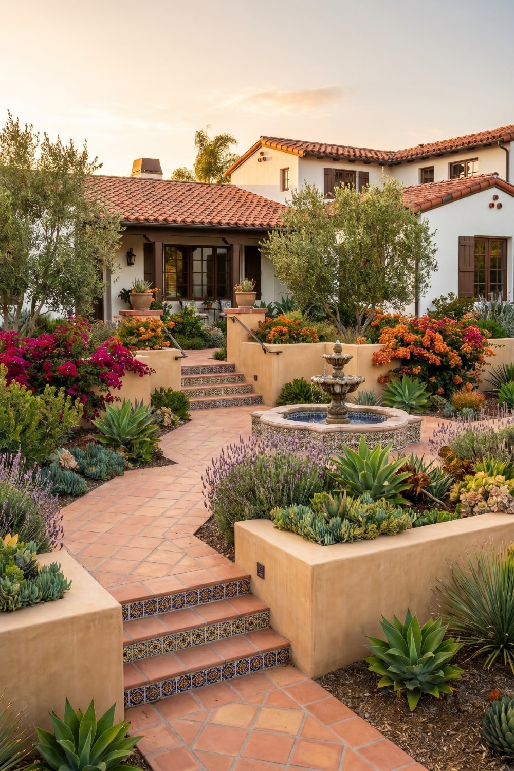 Spanish Style Landscaping with Tiered Stucco Walls