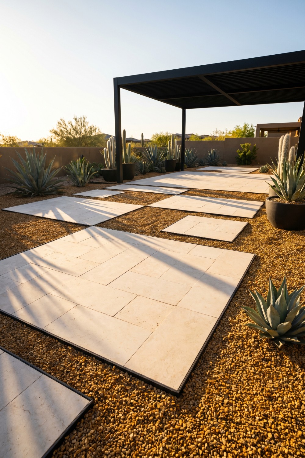 Modern desert checkerboard pea gravel patio with agaves