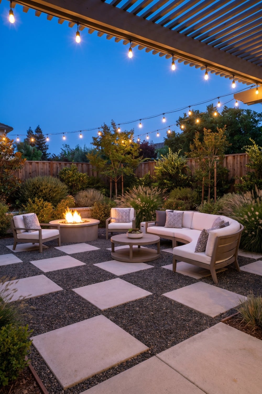 Fire pit on a checkerboard pea gravel patio