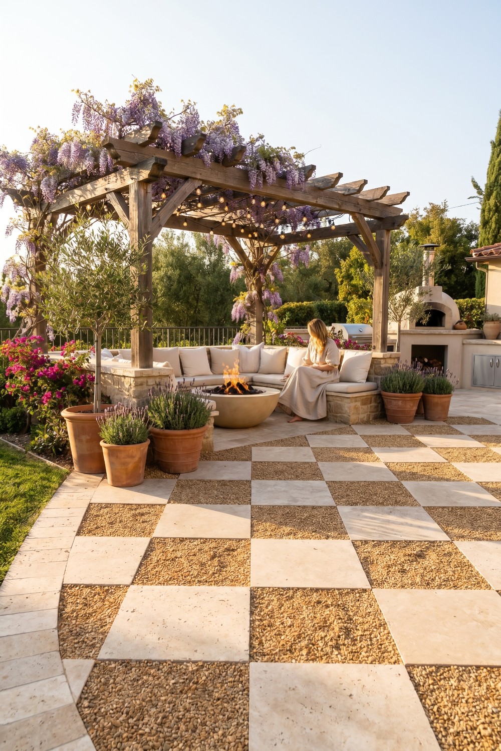 Checkerboard pea gravel patio beneath a wisteria pergola