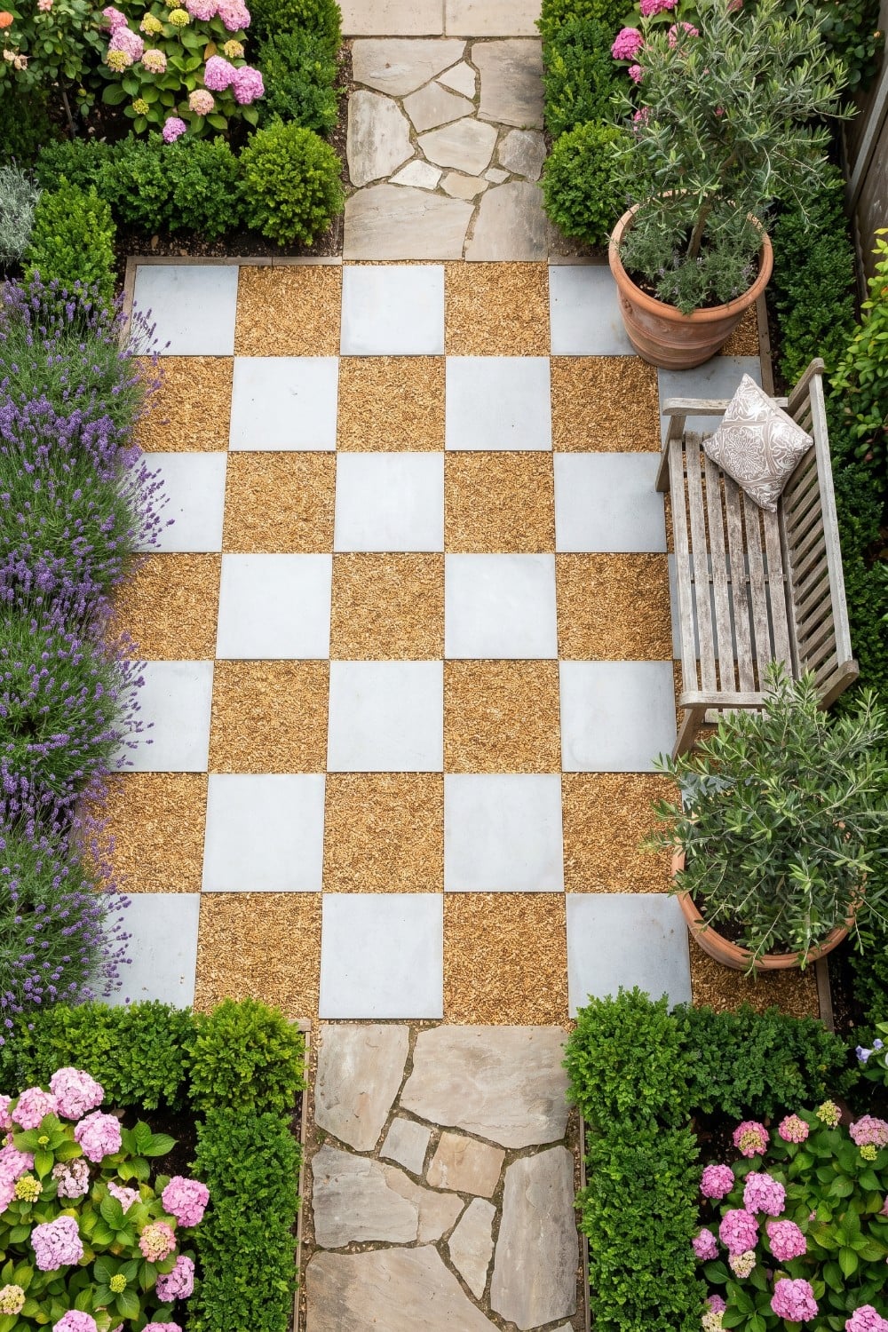 Checkerboard pea gravel patio with lavender and hydrangeas