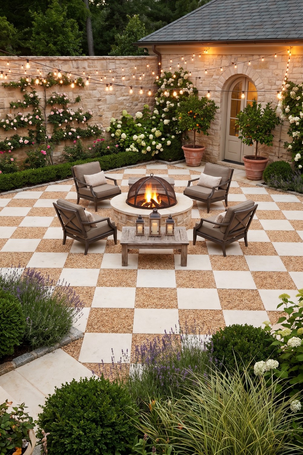 String lights over a checkerboard pea gravel patio