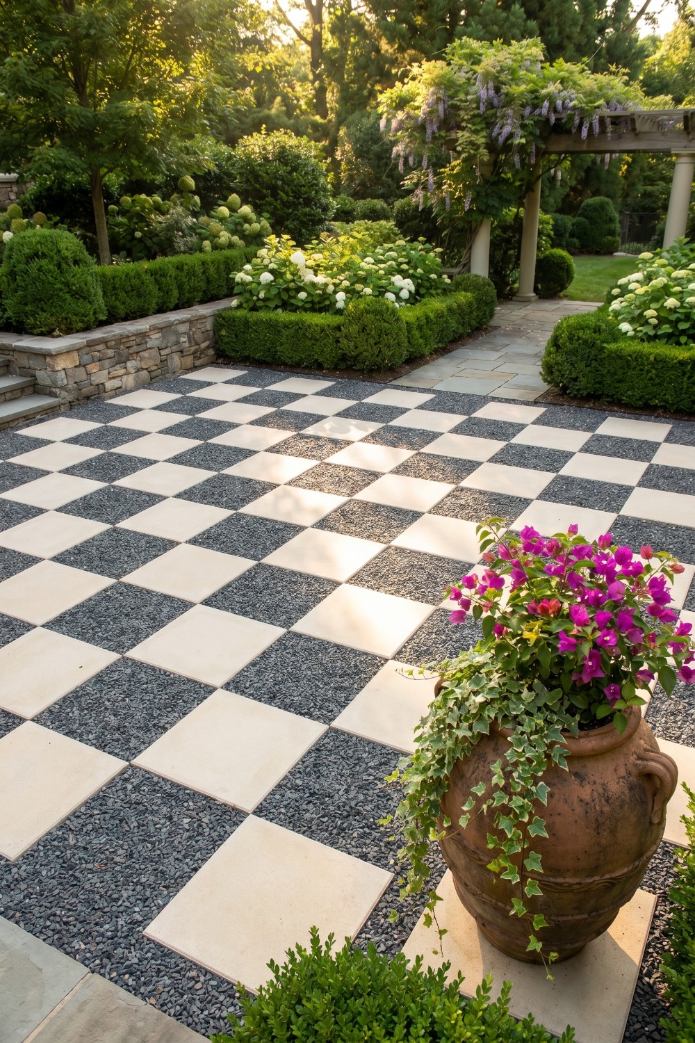Sunlit checkerboard pea gravel patio with terracotta urn