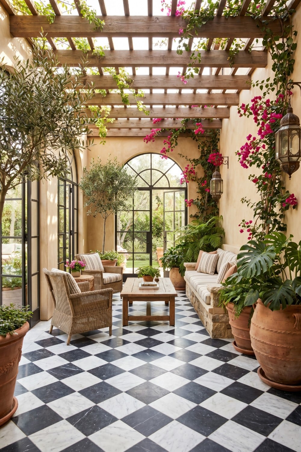 Checkered tile patio with plants and climbing bougainvillea