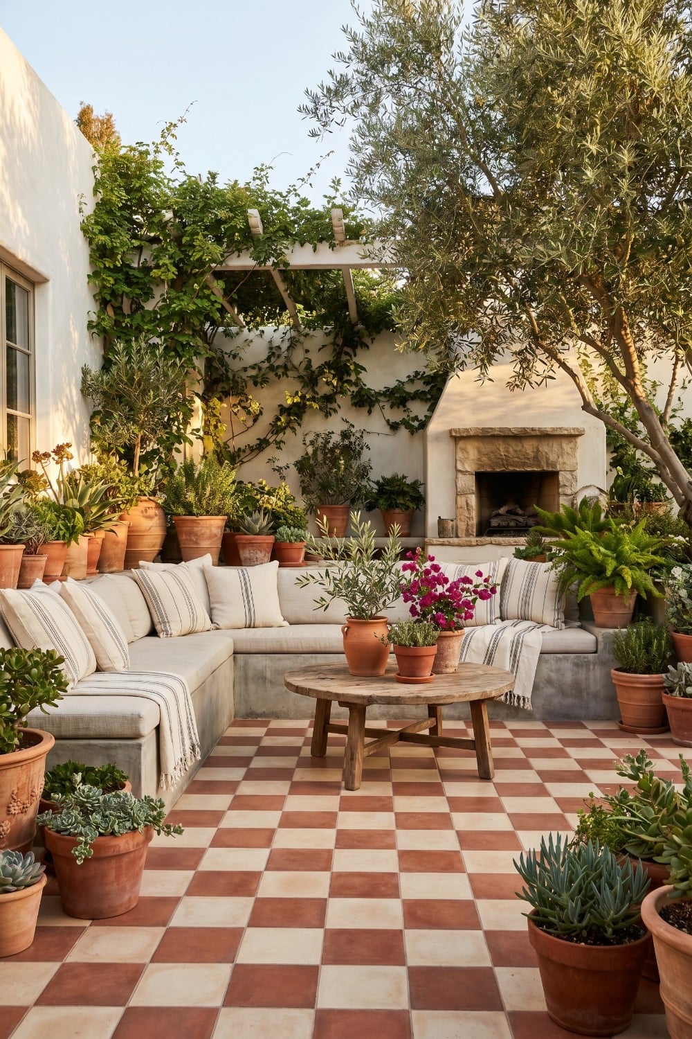 Checkered tile patio with plants and stone fireplace