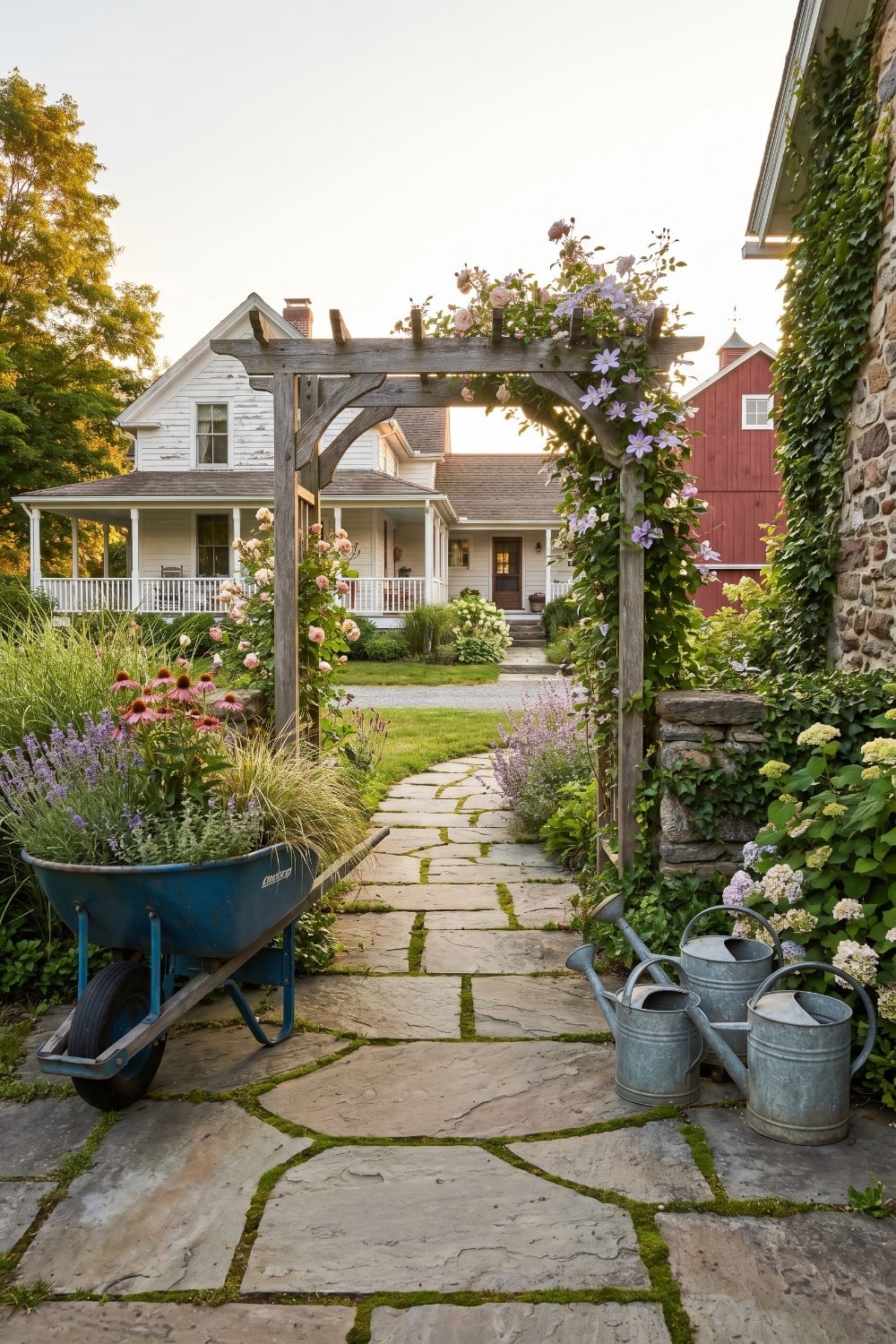 Blue wheelbarrow planter in a country yard