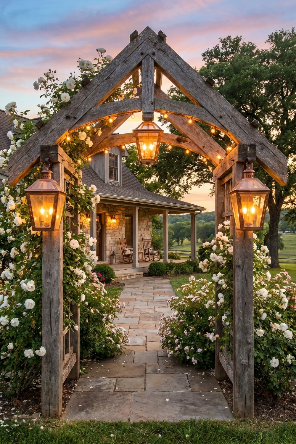 Rustic timber entryway with lanterns in country yard
