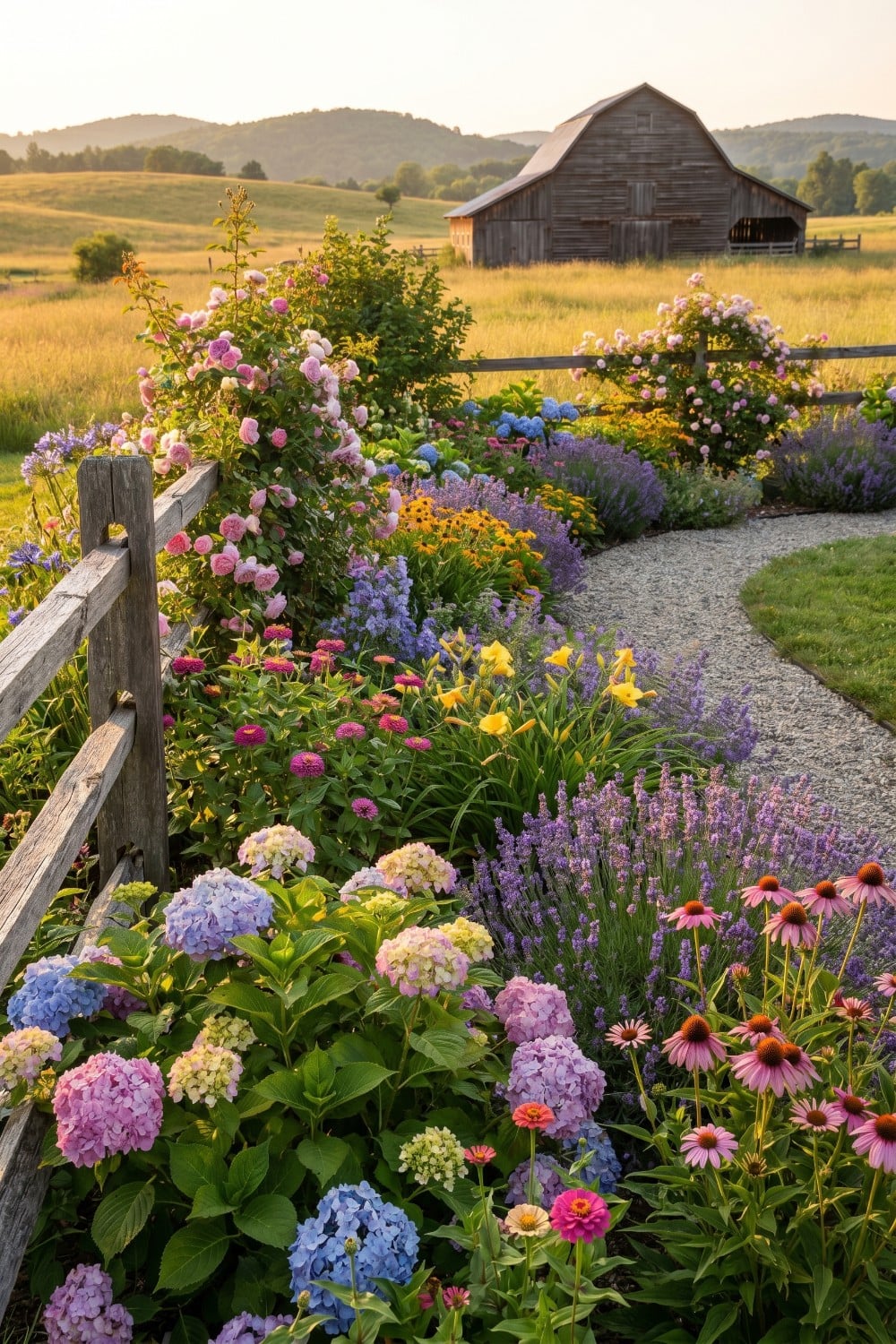 Lush flower beds and split-rail fence country yard