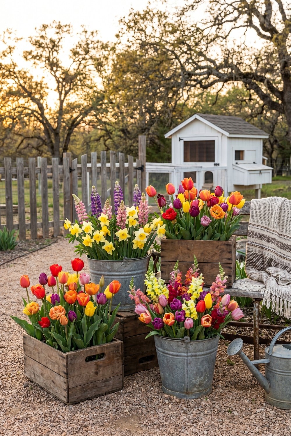 Galvanized buckets of tulips and lupines in country yard