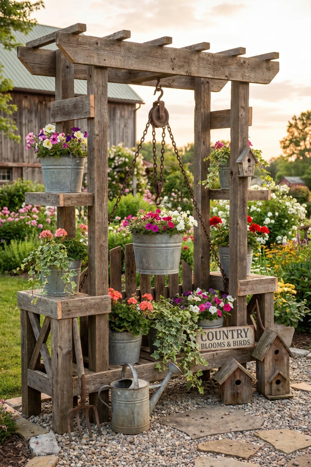 Vintage pulley and birdhouses in a country yard
