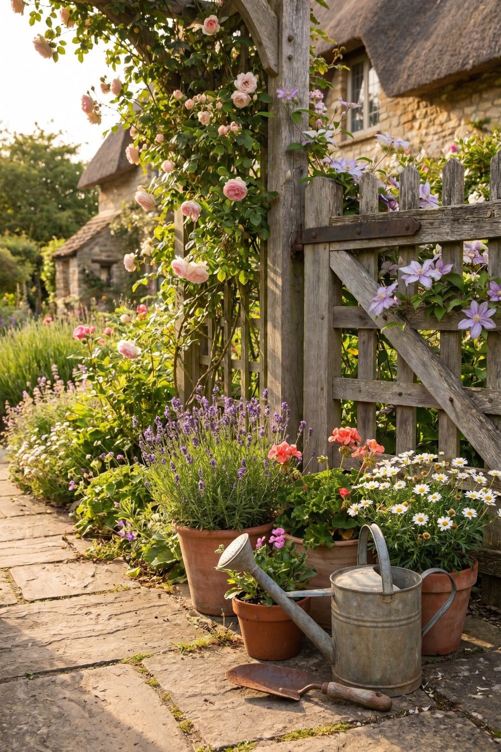 Terracotta pots and watering can country yard