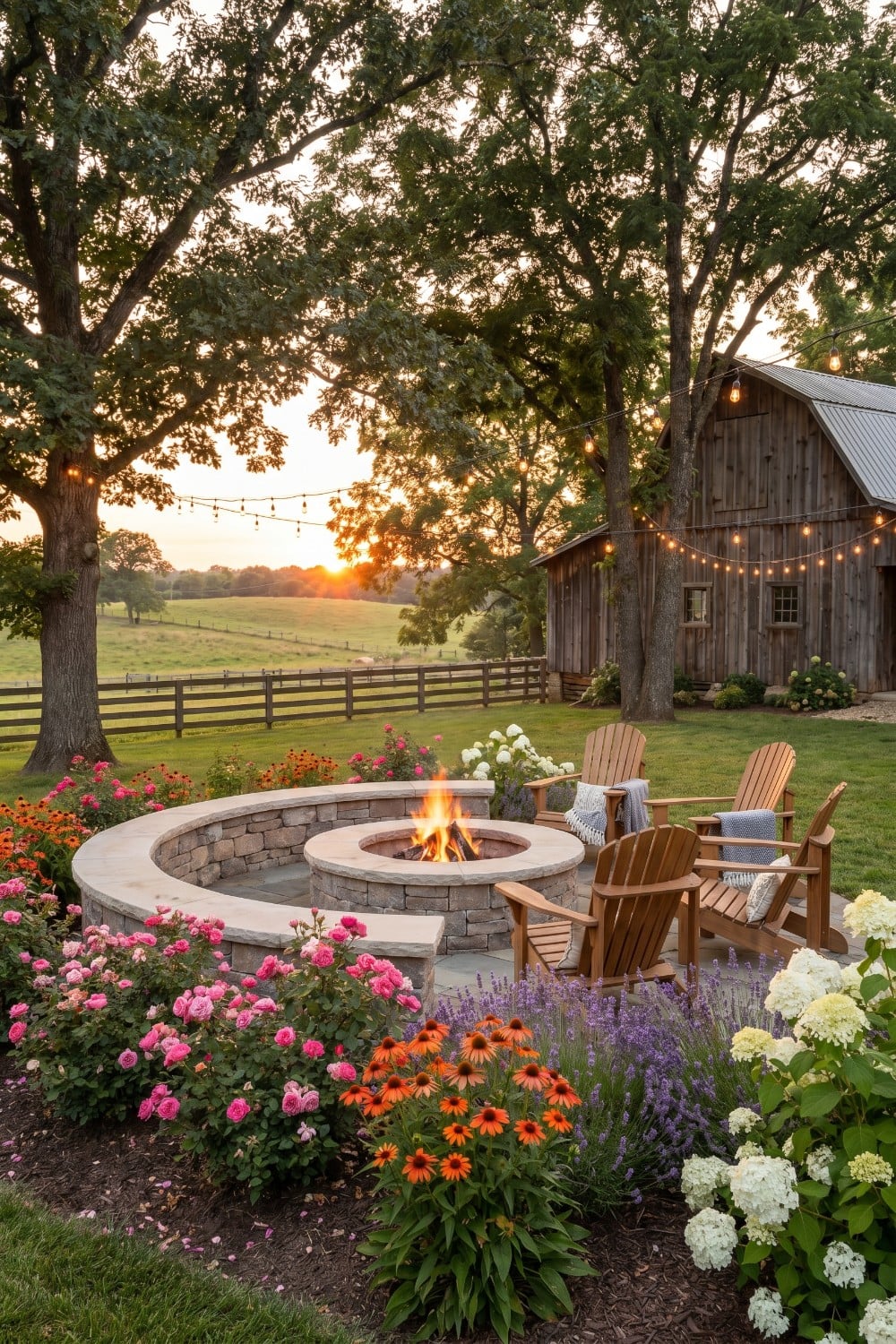 Stone fire pit and Adirondack chairs country yard