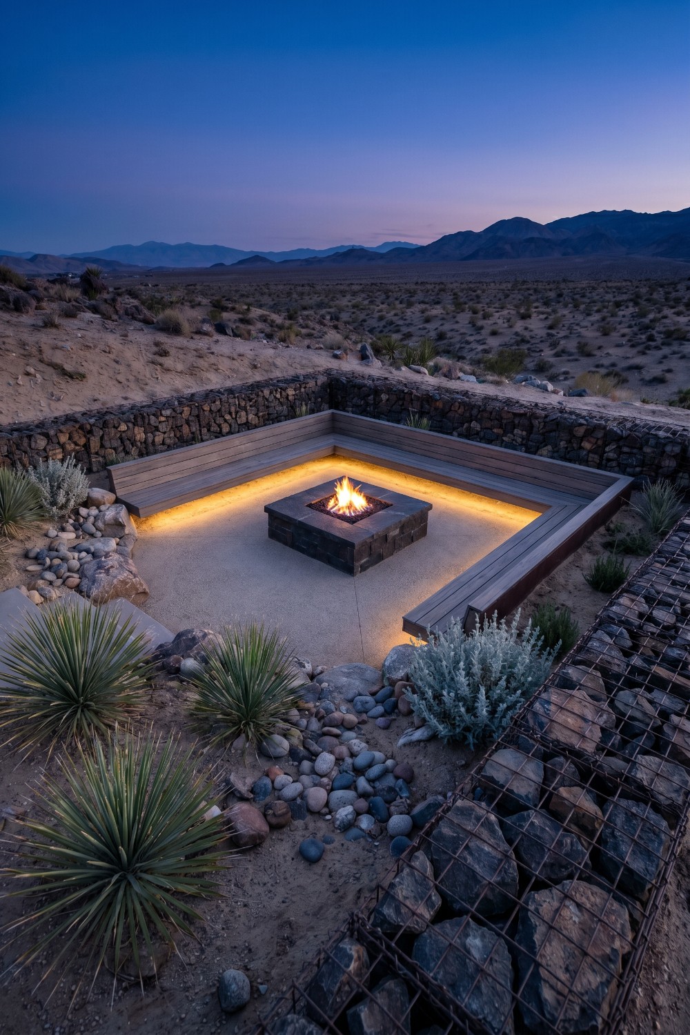 Gabion Walls and Sunken Desert Patio