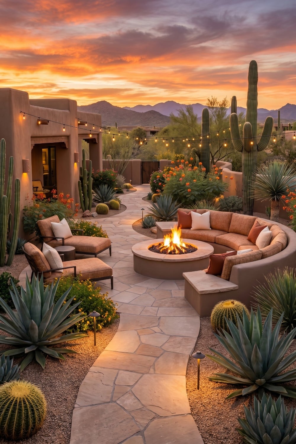 Curved Sectional and String Lights on Desert Patio