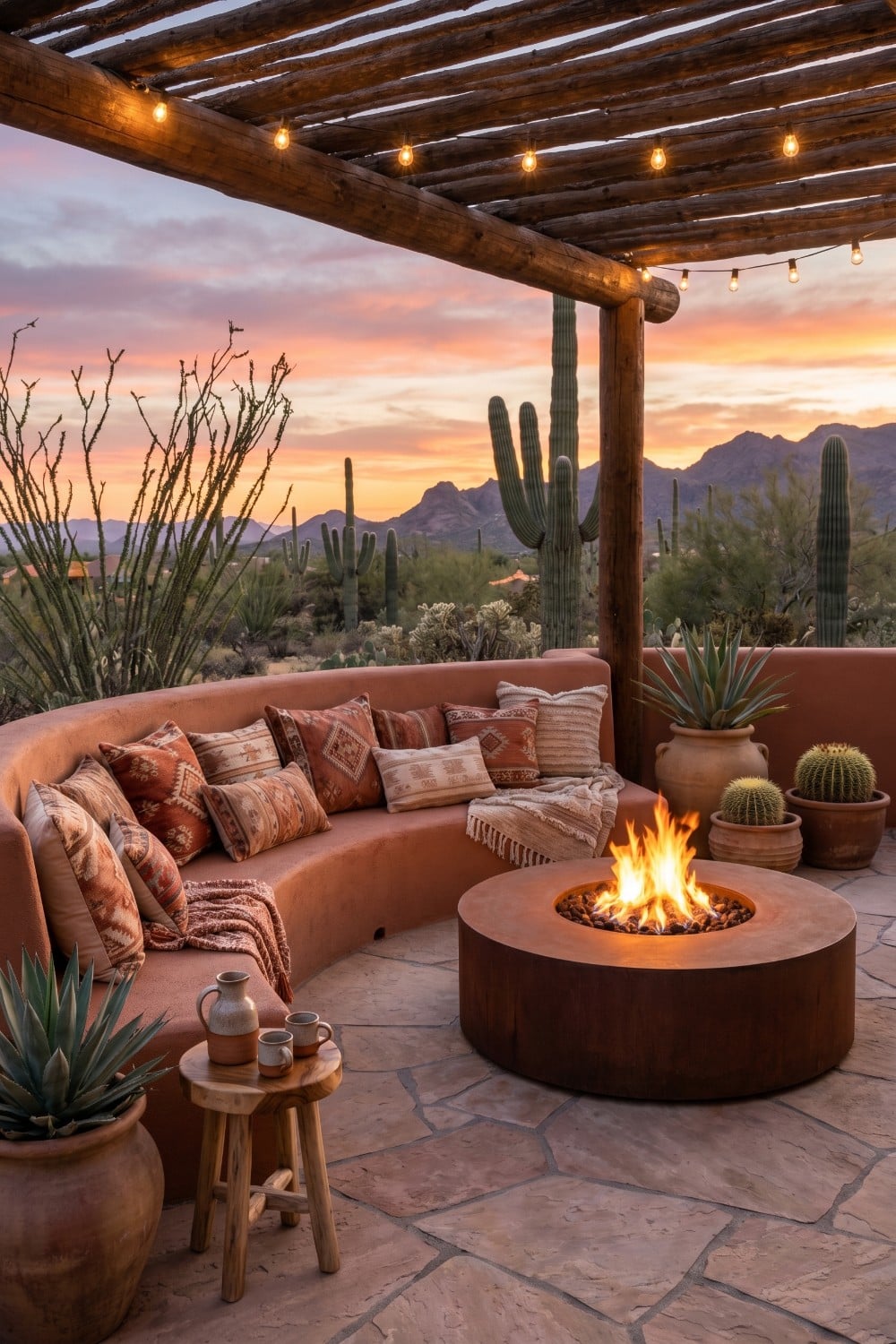 Adobe Bench and Patterned Pillows on Desert Patio