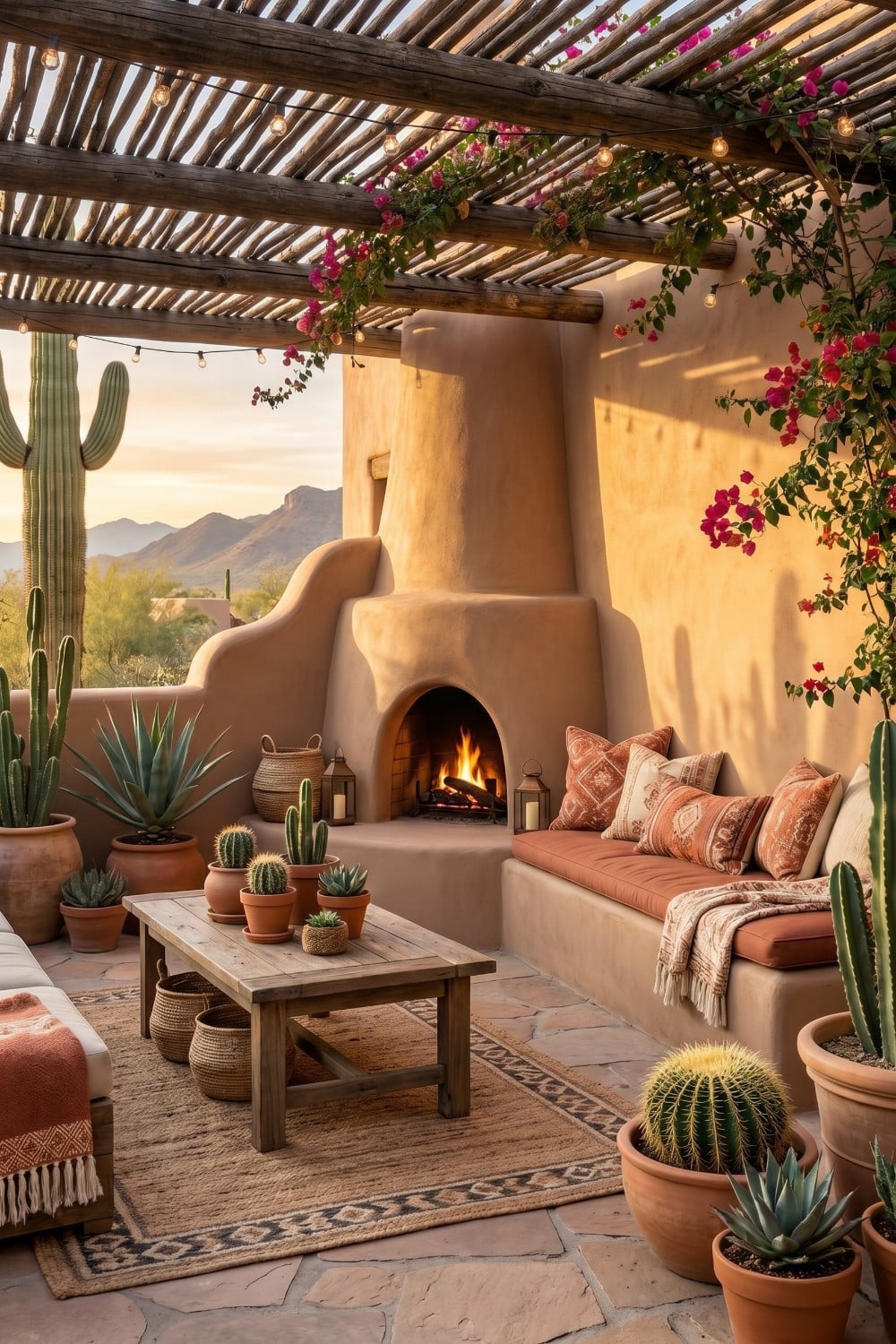 Desert Patio with Log Pergola and Bougainvillea