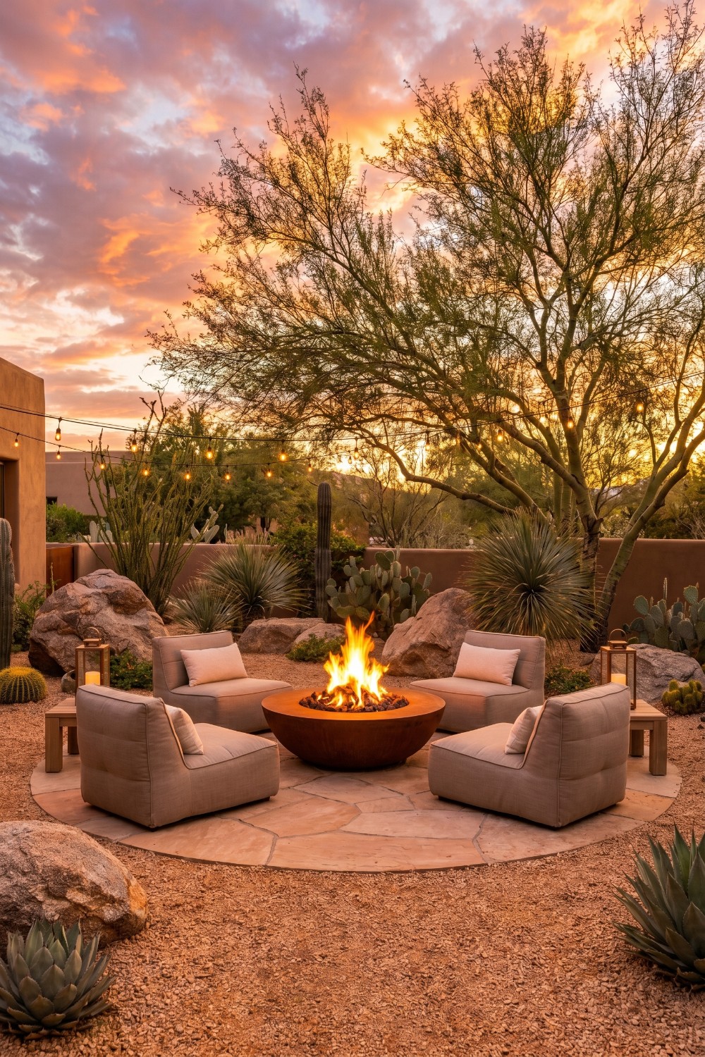 Circular Flagstone and Low Armchairs on Desert Patio