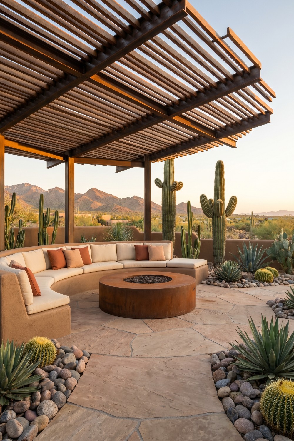 Slatted Wood Overhang and Built-in Desert Patio Seating
