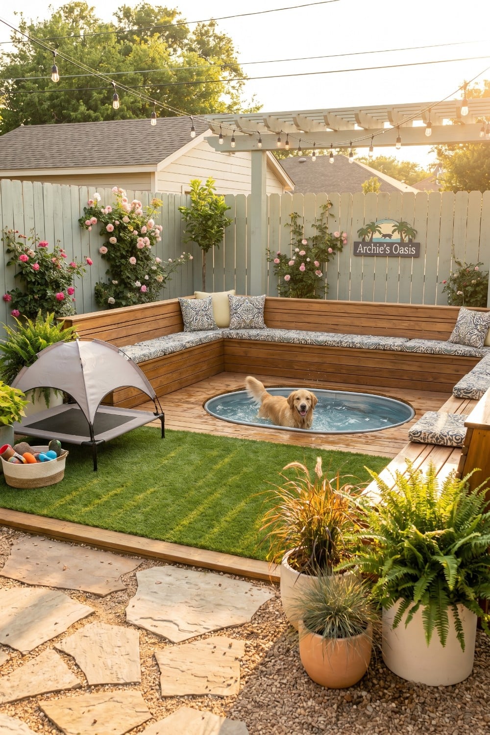 Sunken Stock Tank Pool in a Dog Friendly Backyard