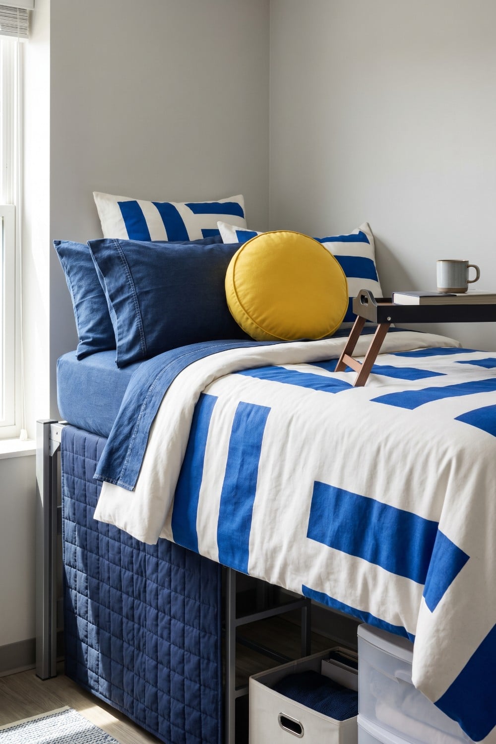 Graphic Blue Dorm Room Bedding and Round Yellow Pillow