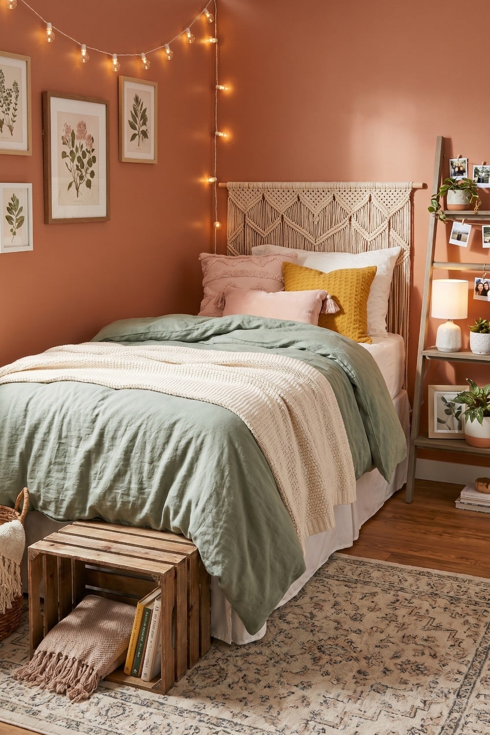 Macrame Headboard and Mustard Dorm Room Bedding