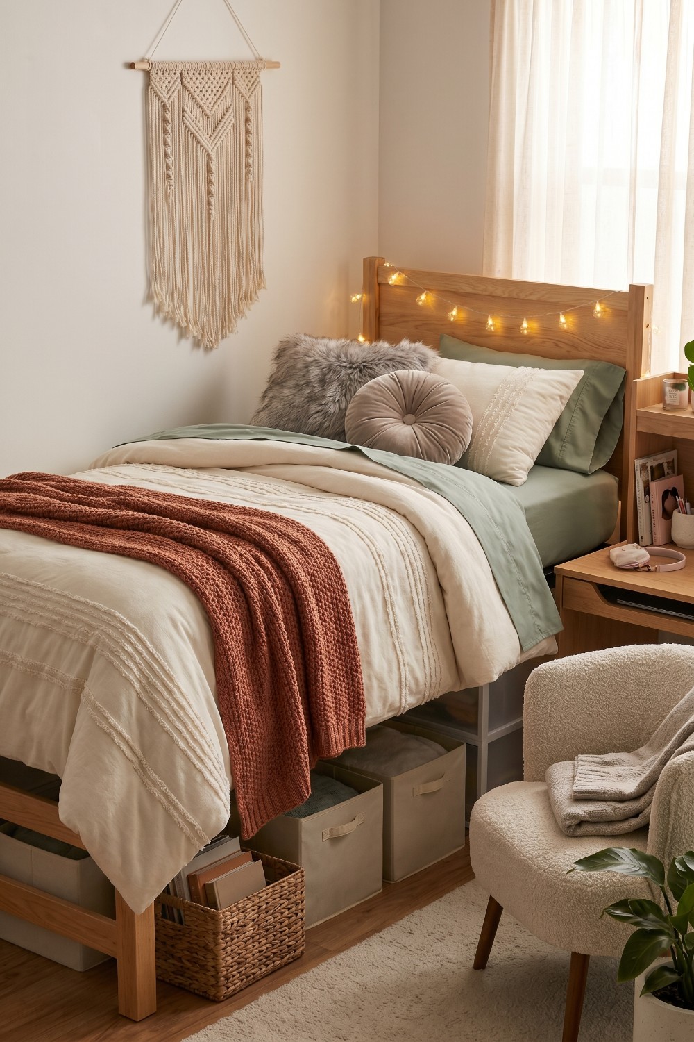 Textured Cream Dorm Room Bedding and String Lights