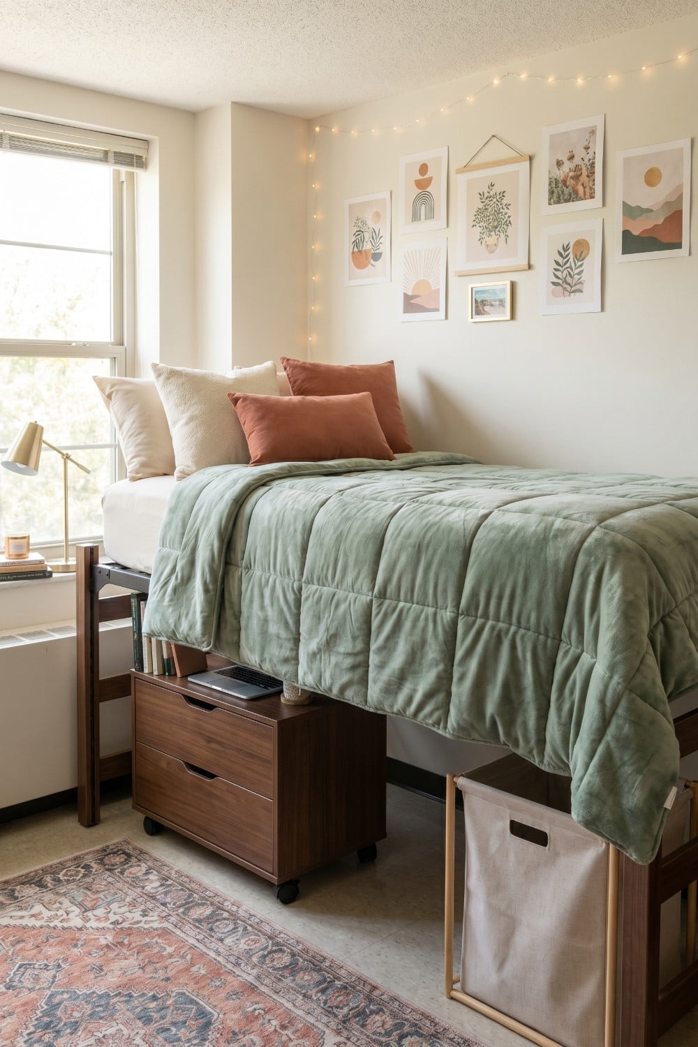 Velvet Quilted Dorm Room Bedding and Gallery Wall