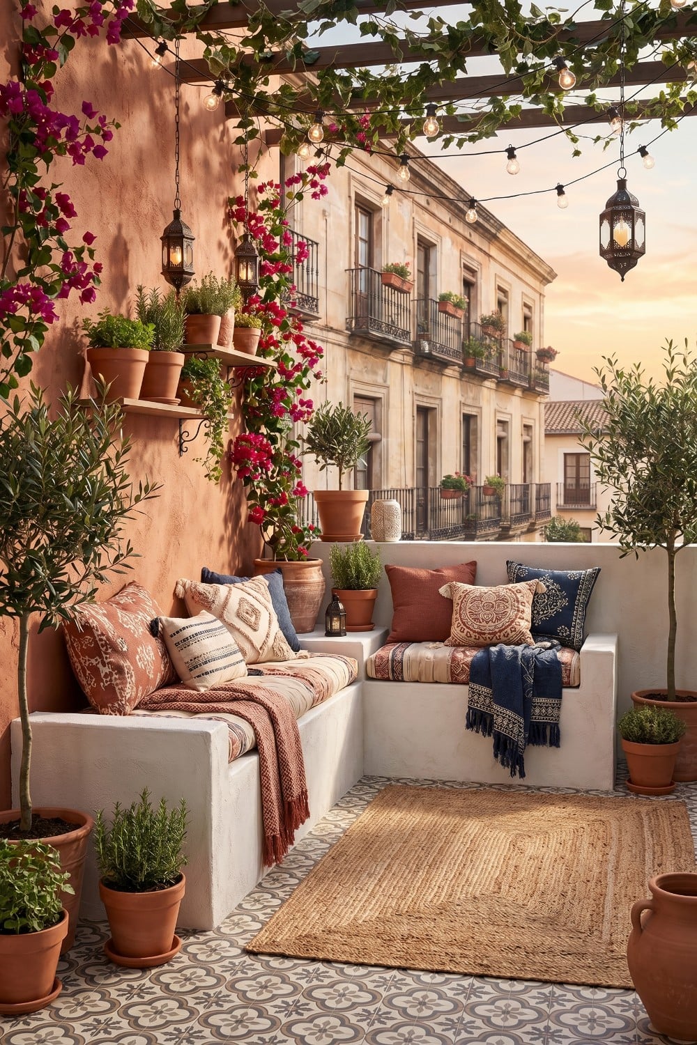 Flat balcony with built-in seating and terracotta pots