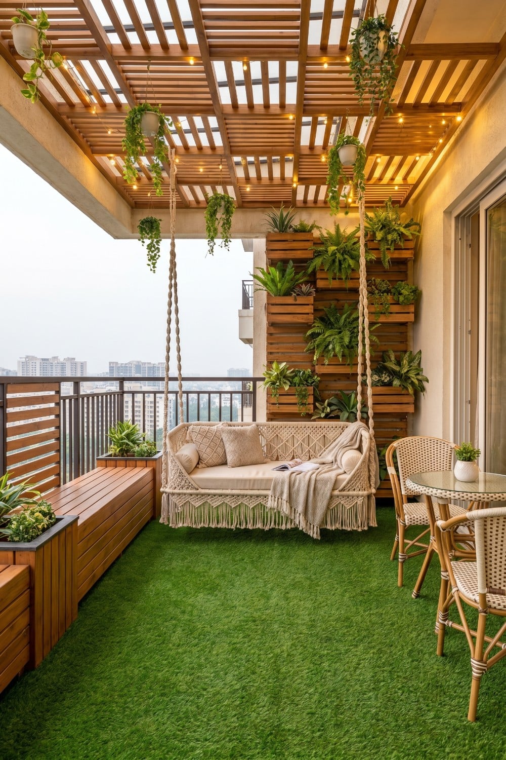 Flat balcony with macramé swing and artificial grass